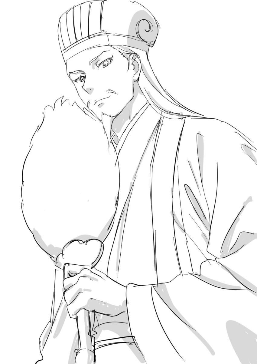 1boy beard chinese_clothes facial_hair feather_fan hand_fan hanfu highres holding holding_fan kong_ming_hat light_smile lineart long_hair looking_at_viewer male_focus monochrome mustache paripi_koumei simple_background sketch solo tamura_satomi white_background zhuge_kongming_(paripi_koumei)