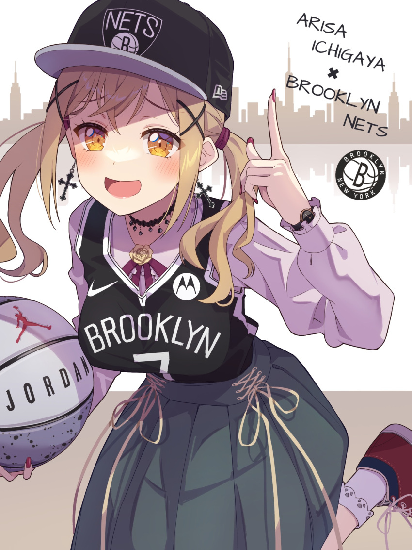 1girl ball bang_dream! baseball_cap basketball basketball_jersey blindfold bobby_socks breasts brooklyn_nets cross cross_earrings earrings green_skirt hair_ornament hat highres holding holding_ball ichigaya_arisa index_finger_raised jewelry light_brown_hair long_hair long_skirt long_sleeves looking_at_viewer medium_breasts national_basketball_association necklace open_mouth purple_shirt raised_eyebrows red_footwear shirt shirt_tucked_in shoes skirt smile sneakers socks solo tank_top twintails watch watch white_socks x_hair_ornament yazawa_happyaro yellow_eyes