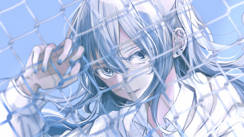 1girl barbell_piercing blue_eyes blue_hair blue_theme blurry collared_shirt commentary_request depth_of_field ear_piercing earrings fence highres hololive hood hoodie hoshimachi_suisei inunishimashita jewelry piercing portrait shirt solo virtual_youtuber white_hoodie
