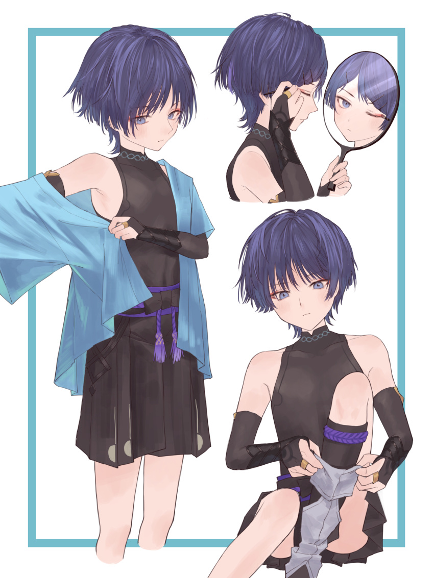 1boy absurdres androgynous applying_makeup bangs bare_shoulders bishounen black_bridal_gauntlets black_hakama black_shirt black_shorts black_socks blue_border blue_jacket border closed_mouth cropped_legs dressing eyeshadow feet_out_of_frame from_side genshin_impact hair_ornament hairclip hakama hakama_shorts hand_mirror highres holding holding_mirror jacket japanese_clothes knee_up looking_at_mirror looking_at_viewer makeup male_focus mandarin_collar mirror multiple_views one_eye_closed open_clothes open_jacket outside_border profile purple_hair red_eyeshadow scaramouche_(genshin_impact) shirt short_hair short_sleeves shorts simple_background single_bare_shoulder sleeveless sleeveless_shirt socks standing tassel upper_body violet_eyes wanderer_(genshin_impact) white_background yamabuki_(yamabuki_xxxxx)