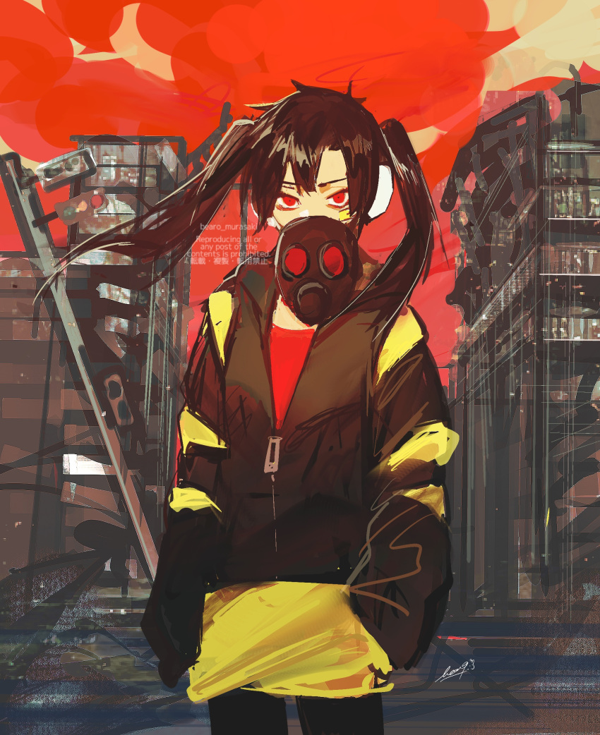 1girl bangs bearo bilingual black_hair black_jacket black_pants building city commentary covered_mouth cowboy_shot empty_eyes english_text enomoto_takane floating_hair gas_mask glaring headphones highres instagram_username jacket kagerou_project long_sleeves mask mixed-language_text multicolored_clothes multicolored_jacket outdoors pants partially_unzipped red_eyes red_shirt red_sky road ruins sanpaku serious shirt signature sky solo striped striped_jacket t-shirt tiktok_username traffic_light twintails twitter_username two-tone_jacket watermark yellow_jacket zipper