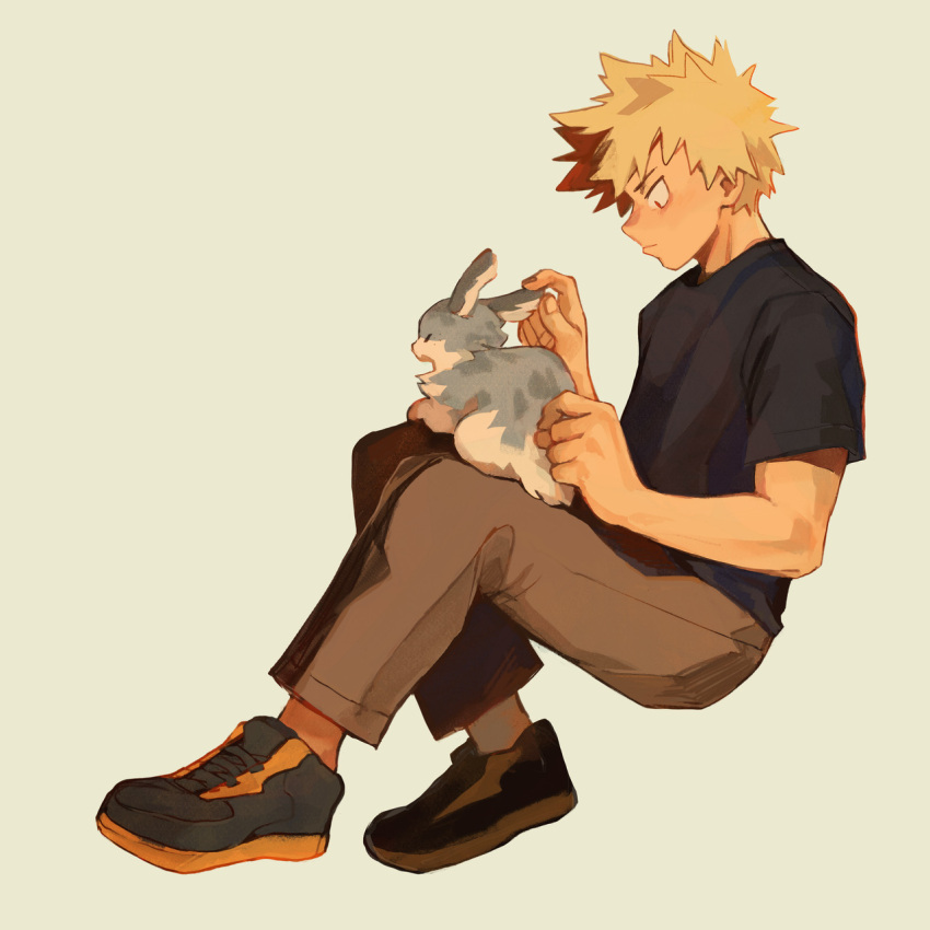 1boy animal animal_on_lap bakugou_katsuki black_footwear black_shirt blonde_hair boku_no_hero_academia brown_pants closed_mouth commentary english_commentary fenkko full_body highres looking_at_animal male_focus on_lap pants rabbit red_eyes shirt shoes short_hair short_sleeves simple_background sitting sneakers solo spiky_hair t-shirt white_background