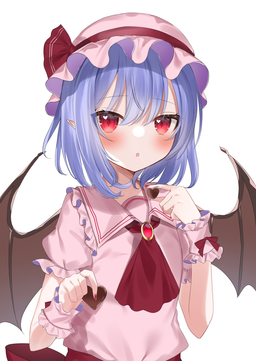 1girl :o absurdres alternate_hairstyle ascot bat_wings blue_hair blush candy chocolate food hat heart heart-shaped_chocolate heart_in_eye highres looking_at_viewer mob_cap okome2028 pink_headwear pointy_ears puffy_short_sleeves puffy_sleeves red_ascot red_eyes remilia_scarlet short_hair short_sleeves simple_background solo symbol_in_eye touhou upper_body valentine white_background wings wrist_cuffs