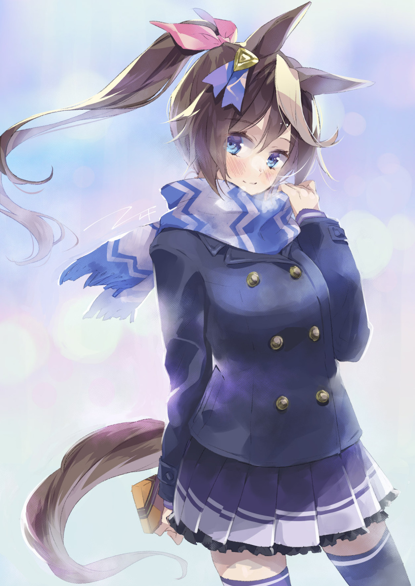 1girl animal_ears arm_behind_back bangs black_thighhighs blue_eyes blue_jacket blush box breasts brown_hair closed_mouth commentary_request ech floating_hair frilled_skirt frills fringe_trim gift gift_box hair_between_eyes hair_ribbon hand_up highres holding holding_gift horse_ears horse_girl horse_tail jacket long_hair long_sleeves looking_at_viewer multicolored_hair pink_ribbon pleated_skirt ponytail purple_skirt ribbon scarf skirt small_breasts smile solo streaked_hair tail thigh-highs tokai_teio_(umamusume) umamusume valentine white_hair