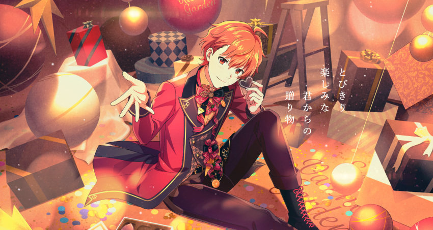 1boy ahoge alternate_hairstyle aoi_yusuke berry blush boots bow bowtie buttons collared_shirt fingernails gift hair_between_eyes heart highres idolmaster idolmaster_side-m idolmaster_side-m_growing_stars ladder long_sleeves looking_at_viewer male_focus official_art orange_eyes orange_hair palms pants shirt smile solo