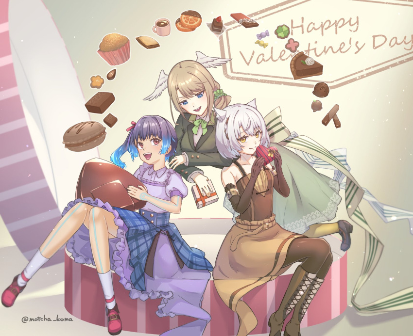 3girls animal_ears bangs blue_eyes breasts brown_hair cat_ears chocolate dark_skin dress eunie_(xenoblade) grey_hair head_wings highres long_hair medium_hair mio_(xenoblade) multiple_girls open_mouth pantyhose sena_(xenoblade) short_hair skirt small_breasts smile white_hair white_wings wings xenoblade_chronicles_(series) xenoblade_chronicles_3 yanagimachi yellow_eyes