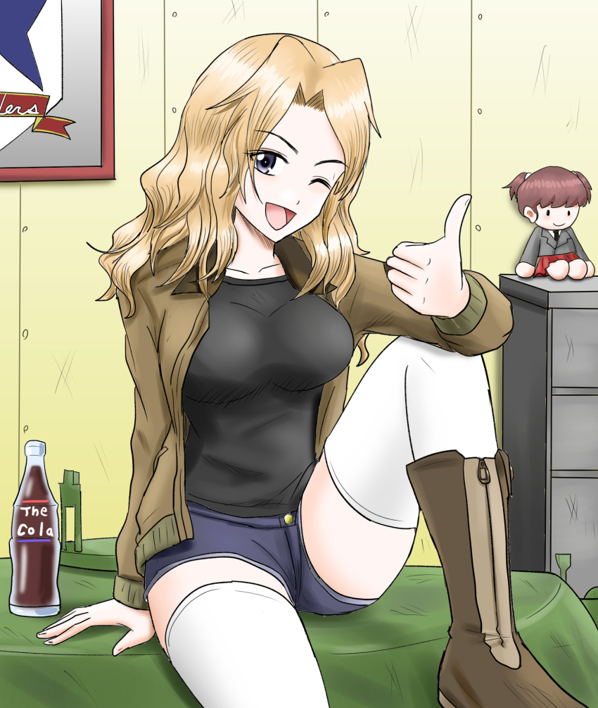 1girl ;d alisa_(girls_und_panzer) black_footwear black_shirt blonde_hair blue_eyes blue_shorts character_doll chest_of_drawers coca-cola commentary emblem girls_und_panzer hair_intakes harukai-i highres jacket kay_(girls_und_panzer) knee_up looking_at_viewer medium_hair on_table one_eye_closed open_clothes open_jacket open_mouth saunders_(emblem) saunders_military_uniform saunders_school_uniform school_uniform shirt short_shorts shorts sitting smile soda_bottle solo table thigh-highs thumbs_up white_thighhighs zipper
