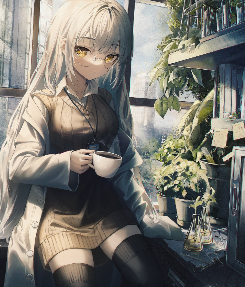 1girl bangs black_thighhighs blunt_bangs breasts cable_knit coffee_mug collared_shirt cup flippy_(cripine111) glasses highres holding holding_cup labcoat long_hair looking_at_viewer medium_breasts mug open_labcoat original plant potted_plant round_eyewear shirt sitting sleeveless sleeveless_sweater solo sticky_note sweater thigh-highs very_long_hair white_hair white_shirt yellow_eyes
