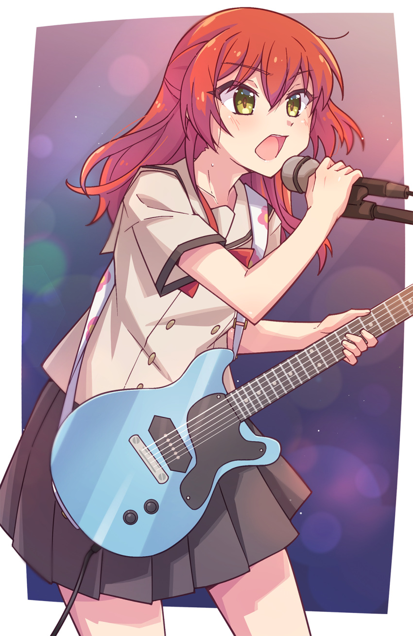 1girl bangs black_skirt bocchi_the_rock! brown_sailor_collar brown_shirt e20 electric_guitar green_eyes guitar hair_between_eyes highres holding holding_instrument holding_microphone instrument kita_ikuyo long_hair microphone one_side_up pleated_skirt redhead sailor_collar school_uniform serafuku shirt short_sleeves skirt solo sweat