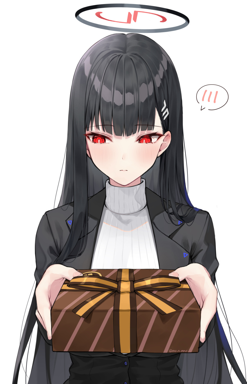 1girl absurdres black_hair blazer blue_archive blush box gift gift_box hairy halo highres hime_cut jacket long_hair mono_(mo_n_mno) open_mouth red_eyes rio_(blue_archive) simple_background solo spoken_blush sweater turtleneck turtleneck_sweater white_background