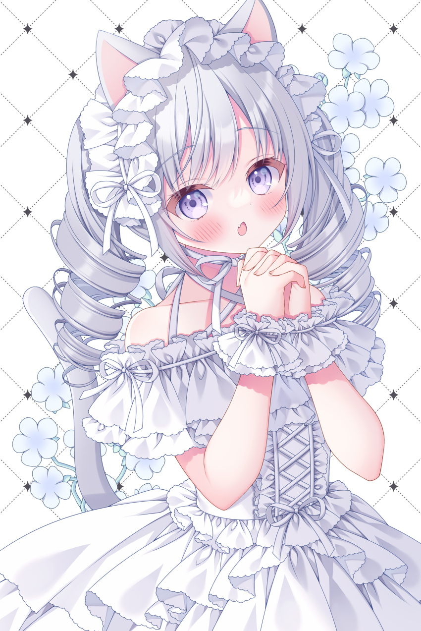 1girl animal_ears bangs blush cat_ears cat_girl cat_tail corset dress drill_hair fang flower frilled_dress frills grey_hair hairband highres lolita_hairband long_hair looking_at_viewer off-shoulder_dress off_shoulder open_mouth original own_hands_clasped own_hands_together puu_(kari---ume) ribbon short_sleeves skin_fang solo tail twin_drills twintails violet_eyes wrist_cuffs