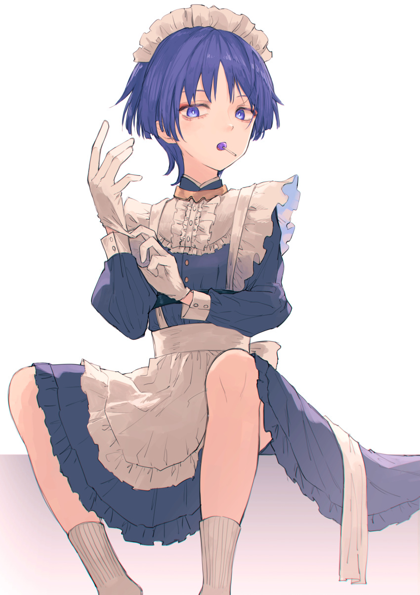 1boy absurdres alternate_costume apron bangs blue_dress buttons candy center_frills dress enmaided eyeshadow feet_out_of_frame food frilled_apron frilled_dress frills genshin_impact gloves hand_up highres lollipop long_sleeves maid maid_apron maid_headdress makeup male_focus mouth_hold otoko_no_ko purple_hair red_eyeshadow ribbed_socks scaramouche_(genshin_impact) short_hair simple_background sitting sleeve_cuffs socks solo violet_eyes white_apron white_background white_gloves white_socks yamabuki_(yamabuki_xxxxx)