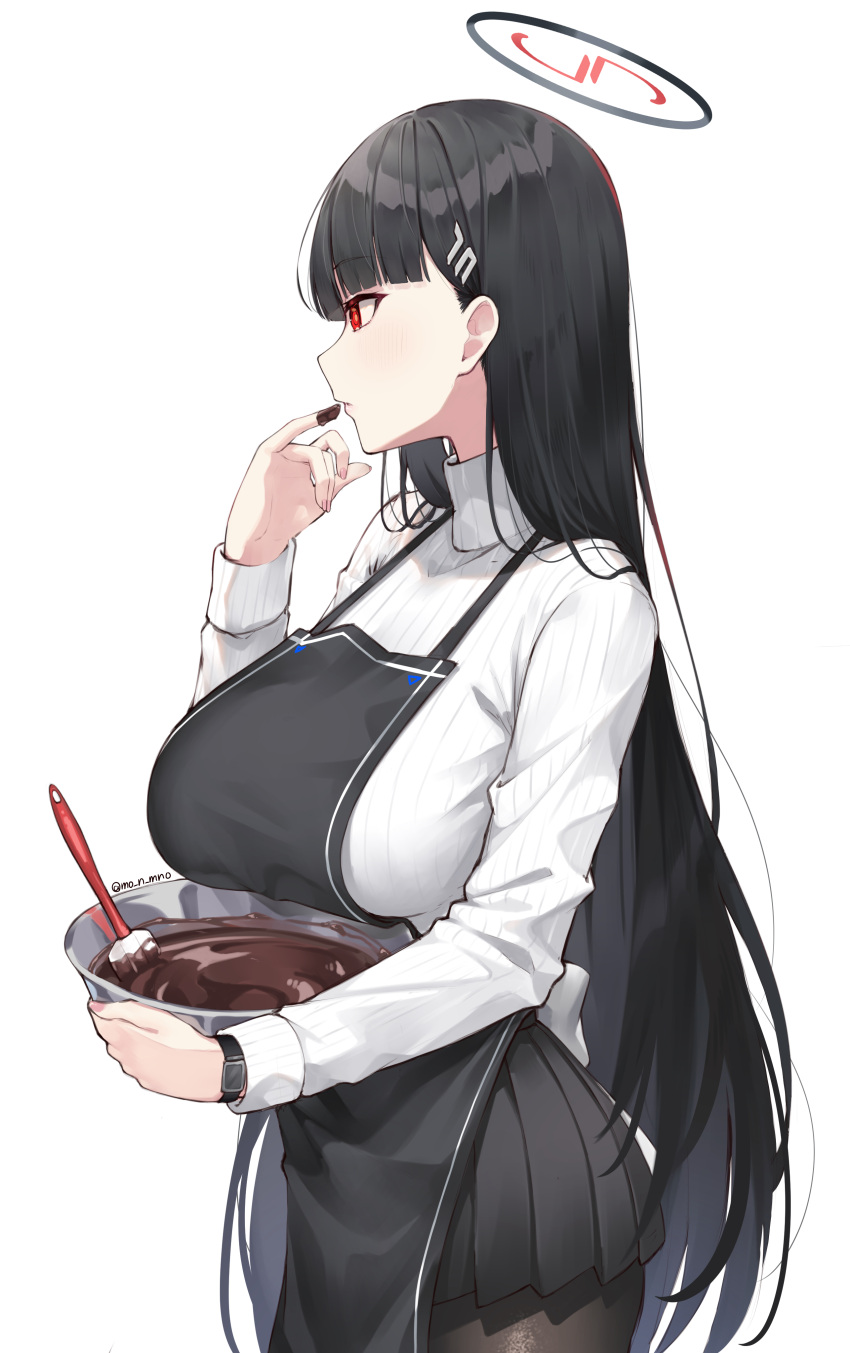 1girl absurdres apron black_hair black_pantyhose blue_archive bowl breasts chocolate hair_ornament hairclip halo highres hime_cut long_hair mono_(mo_n_mno) pantyhose pleated_skirt red_eyes rio_(blue_archive) simple_background skirt solo spatula sweater turtleneck turtleneck_sweater watch watch white_background