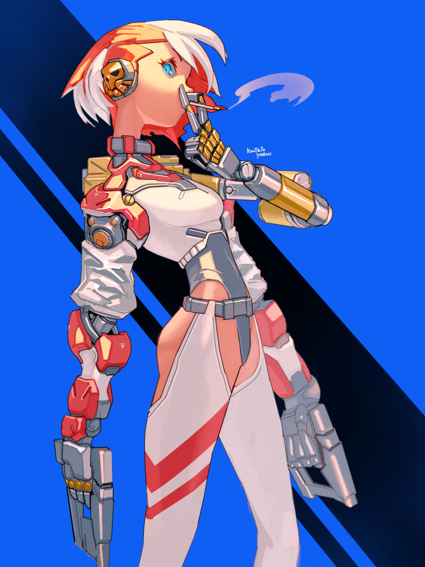 1girl absurdres belt black_background blue_background blue_eyes breasts cigarette colored_eyelashes cyberpunk cyborg dual_wielding extra_arms gun handgun highleg highleg_leotard highres holding holding_gun holding_weapon koutetu_yarou leotard looking_at_viewer mechanical_arms multicolored_hair orange_hair original science_fiction short_hair signature single_mechanical_arm small_breasts smoke smoking solo two-tone_background two-tone_hair weapon white_hair