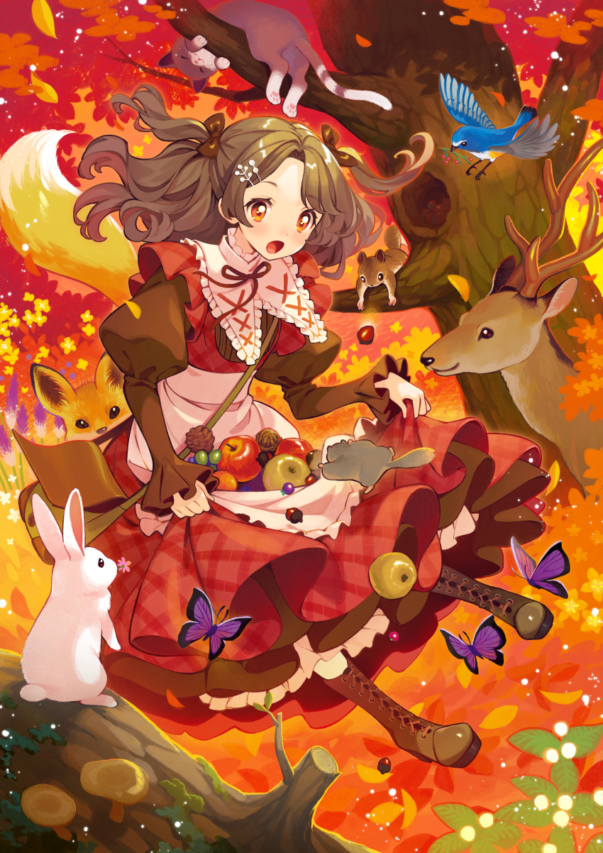 1girl absurdres acorn animal apple apron autumn autumn_leaves bangs bird blush boots bow brown_hair bug butterfly cat commission cross-laced_footwear deer dress food fox frilled_dress frilled_shirt_collar frills fruit full_body hair_bow hair_ornament hairclip highres juliet_sleeves lace-up_boots long_hair long_sleeves moss mushroom neck_ribbon nishida_yuu open_mouth orange_eyes original parted_bangs pinafore_dress pinecone pixiv_commission plaid plaid_dress puffy_sleeves rabbit ribbon skirt_basket skirt_hold solo squirrel tree two_side_up waist_apron