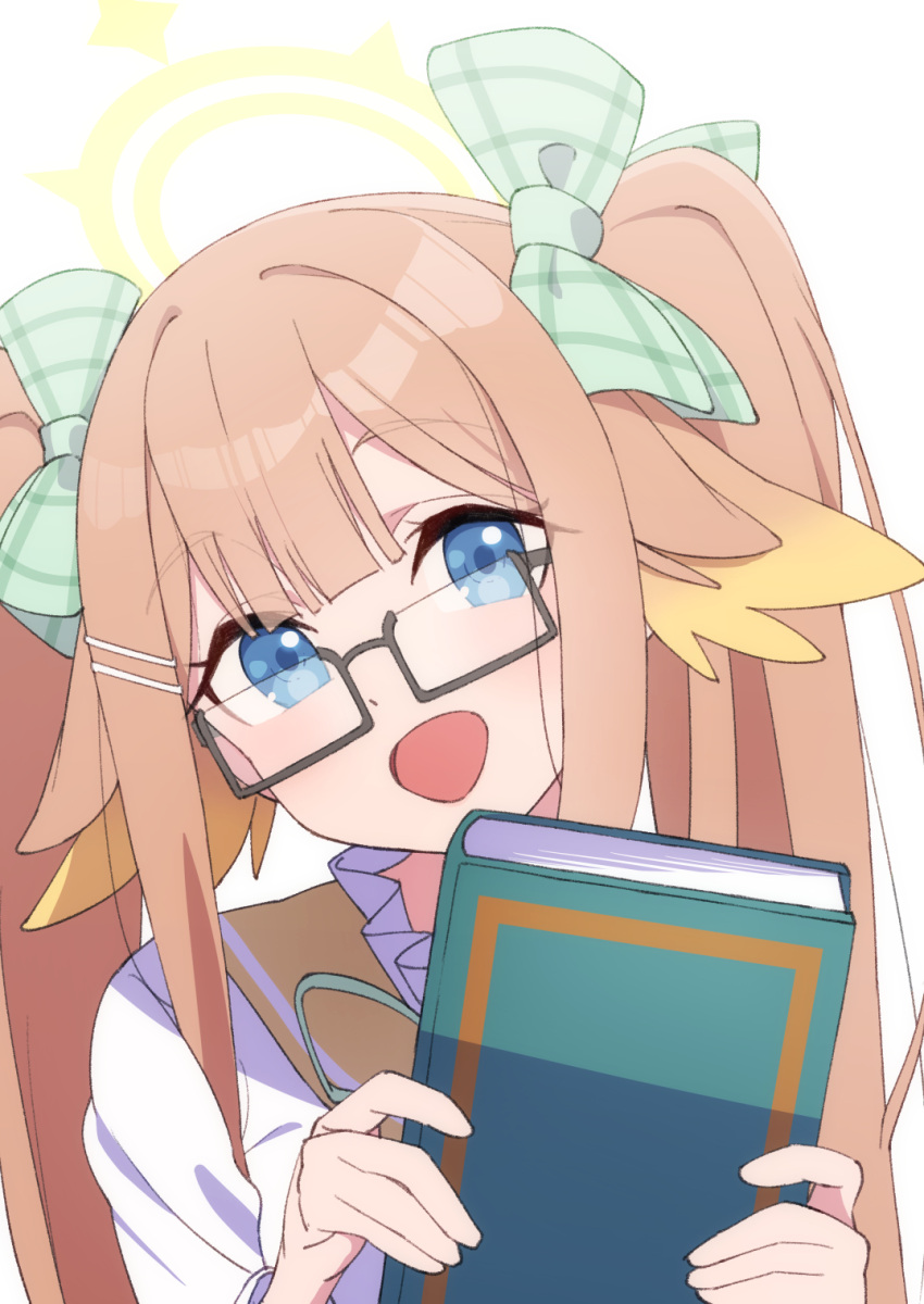 1girl afnroll blonde_hair blue_archive book bow closed_mouth glasses green_eyes hair_bow happy highres holding holding_book long_hair looking_at_viewer multicolored_hair open_mouth orange_hair shimiko_(blue_archive) smile solo twintails two-tone_hair very_long_hair