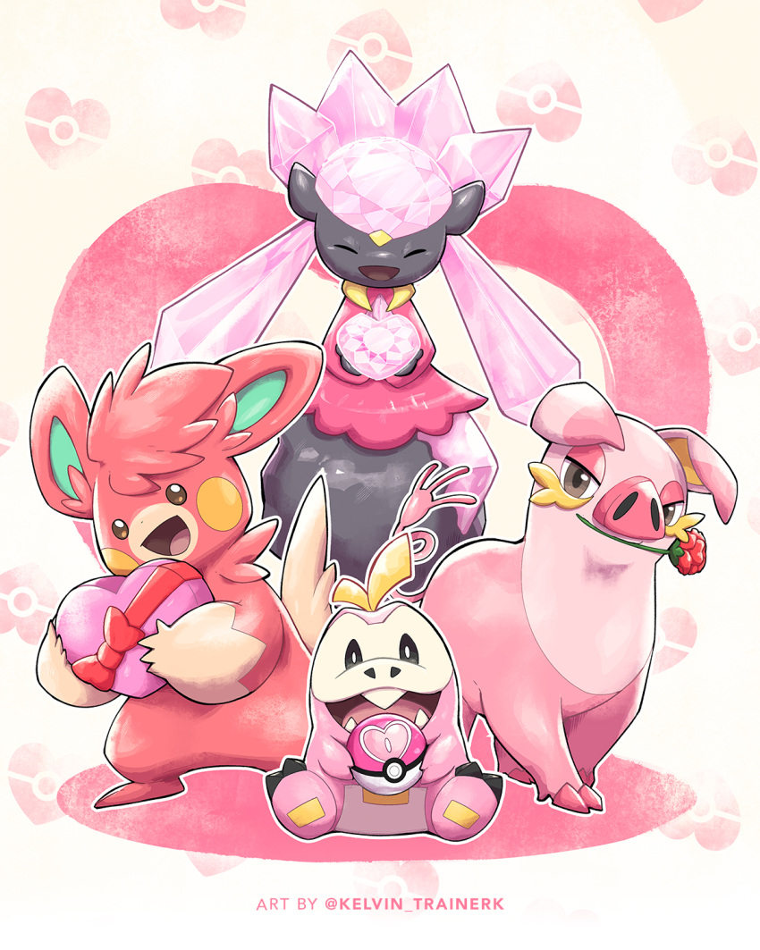 :d box bright_pupils closed_eyes commentary diancie facing_viewer flower fuecoco gift grey_eyes heart-shaped_box highres holding holding_gift holding_poke_ball kelvin-trainerk love_ball mouth_hold no_humans oinkologne open_mouth outline pawmot poke_ball pokemon pokemon_(creature) sitting smile tongue twitter_username watermark