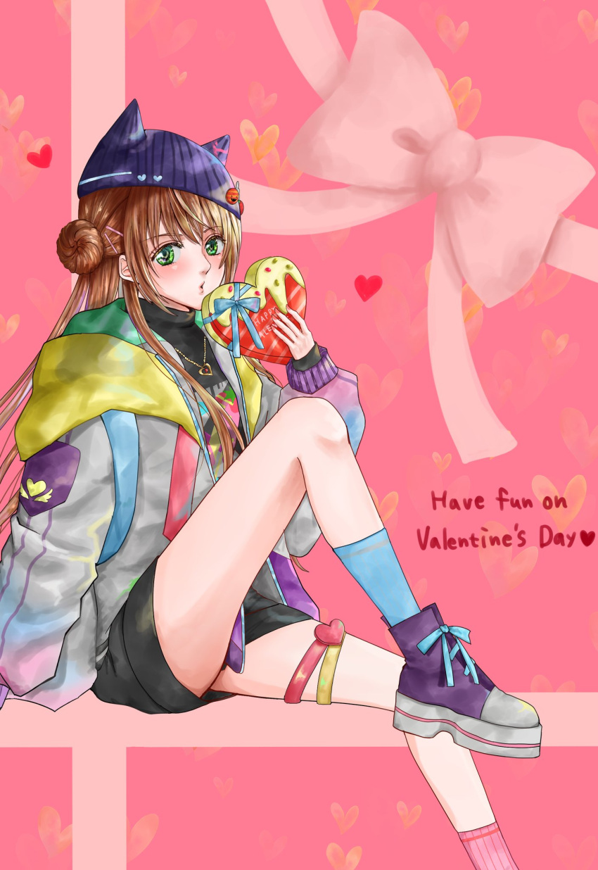 1girl box happy_valentine hat heart-shaped_box highres jewelry long_hair looking_at_viewer necklace puckered_lips solo