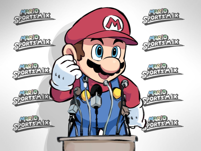1boy blue_eyes blue_overalls brown_hair english_text facial_hair gloves hat highres mario mario_sports_mix microphone mustache open_mouth overalls press_conference red_headwear red_shirt shirt short_hair super_mario_bros. white_gloves ya_mari_6363