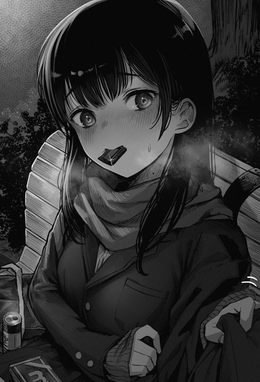 1girl absurdres bag bench black_hair blush breasts bush can candy canned_coffee chocolate chocolate_bar clothes_grab commentary_request food food_in_mouth gibagiba glint greyscale highres jacket jacket_grab long_hair looking_at_viewer mole mole_on_neck monochrome original outdoors park_bench pov scarf school_bag school_uniform sitting steam sweat tree valentine