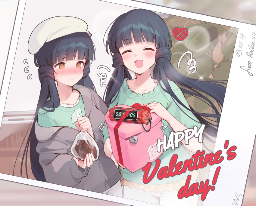 1girl @_@ ^_^ ^o^ bag beret blush chocolate closed_eyes collarbone countdown dated dual_persona dynamite explosive flying_sweatdrops full-face_blush gift green_hair green_shirt grey_jacket happy_valentine hat heart highres holding holding_bag holding_gift idolmaster idolmaster_million_live! idolmaster_million_live!_theater_days jacket kitakami_reika long_hair nys pants picture_(object) shirt signature sweatdrop twintails very_long_hair white_headwear white_pants