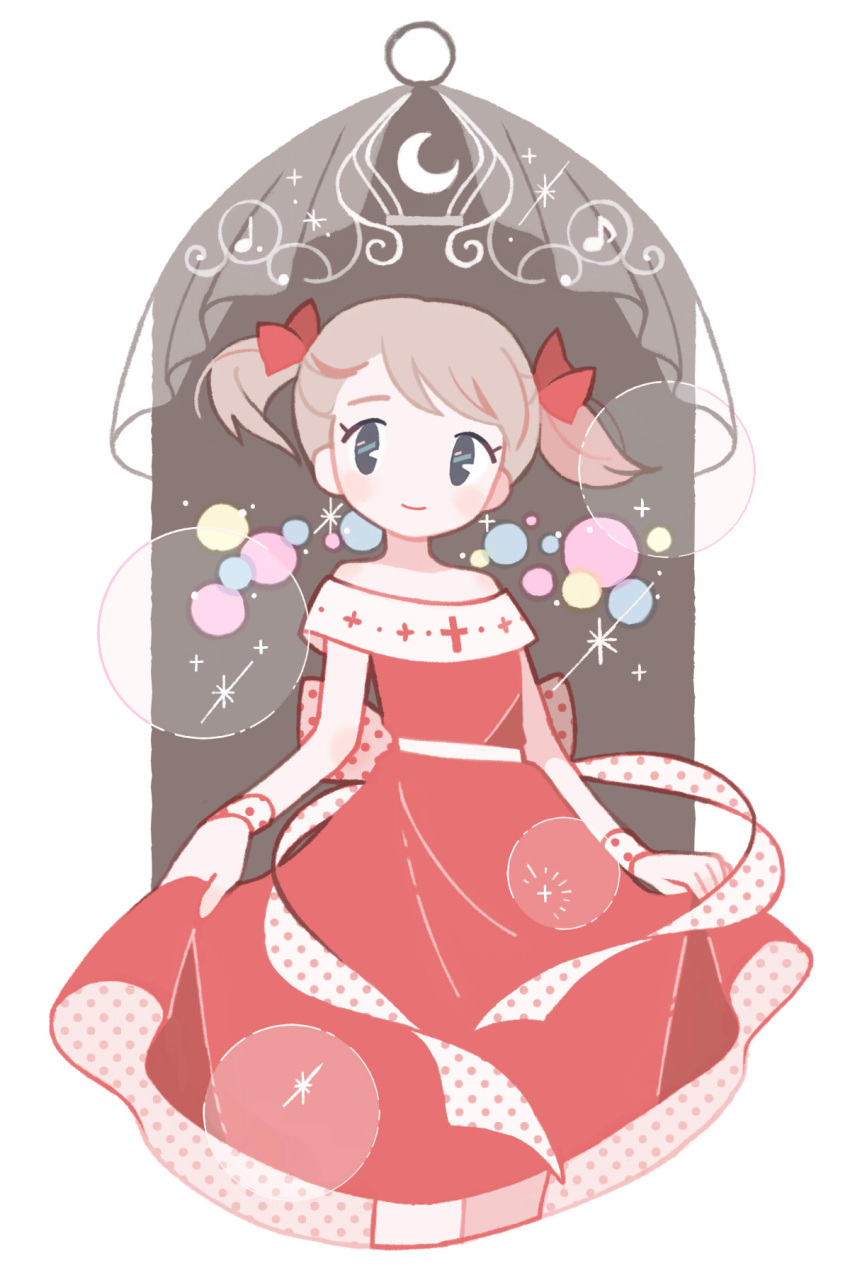 1girl ana_(mother) blonde_hair circle crescent cross curtains dress female_child hair_ribbon highres holding holding_clothes holding_dress milkpeachi mother_(game) mother_1 pink_dress polka_dot polka_dot_dress ribbon short_twintails smile solo sparkle sparkle_background sparkling_eyes twintails