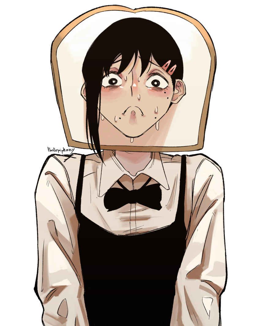 1girl absurdres apron artist_name black_apron black_bow black_bowtie black_hair bow bowtie bread chainsaw_man collared_shirt food food-themed_hat frown hair_ornament hairclip higashiyama_kobeni highres looking_at_viewer mole mole_under_eye mole_under_mouth multiple_moles pastepiphany shirt short_hair simple_background single_sidelock solo sweat sweating_profusely white_background white_shirt