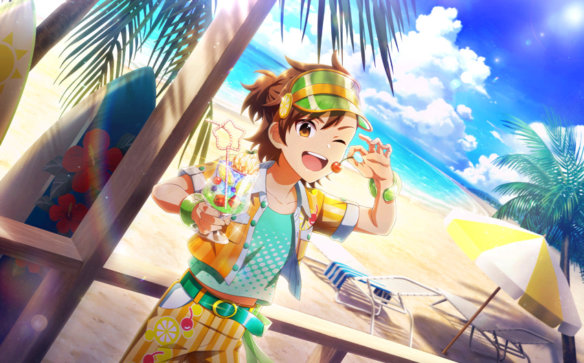 1boy beach belt blue_sky bracelet brown_hair buttons cherry clouds cup drink drinking_straw fingernails food fruit hat highres holding holding_cup holding_food holding_fruit ice ice_cube idolmaster idolmaster_side-m idolmaster_side-m_live_on_stage! jewelry looking_at_viewer male_child male_focus male_swimwear midriff_peek ocean official_art one_eye_closed open_mouth palm_tree see-through_headwear short_sleeves sky surfboard swim_trunks tachibana_shiro_(idolmaster) teeth tree umbrella upper_teeth_only