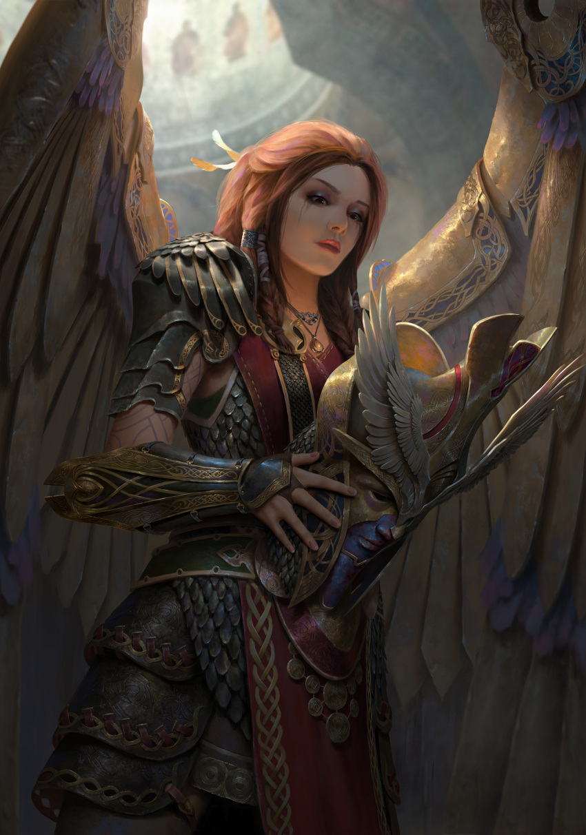 1girl 3others absurdres armor b03di braid brown_hair commentary english_commentary facial_mark feathers freya_(god_of_war) god_of_war god_of_war_ragnarok helmet highres jewelry long_hair metal_wings multiple_others necklace pendant shoulder_armor solo_focus twin_braids winged_helmet wings