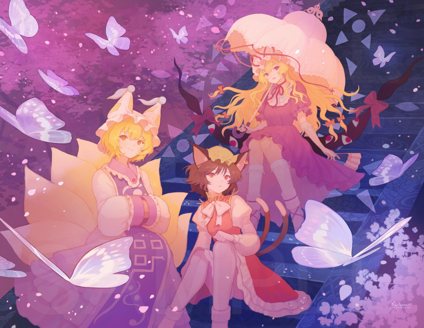 3girls absurdres animal animal_ears bangs blonde_hair bow brown_hair bug butterfly cat_ears cat_tail chen cherry_blossoms closed_mouth dress earrings elbow_gloves folding_fan fox_ears fox_tail gap_(touhou) gloves green_headwear hair_between_eyes hair_bow hand_fan hands_in_opposite_sleeves hat hat_ribbon highres holding holding_fan holding_umbrella jewelry juliet_sleeves long_hair long_sleeves mob_cap multiple_girls multiple_tails open_mouth parted_lips petals pillow_hat puffy_sleeves purple_dress red_bow red_dress red_eyes red_ribbon ribbon sample_watermark shirt short_hair short_sleeves single_earring smile socks stairs surumeri_(baneiro) tabard tail touhou two_tails umbrella violet_eyes watermark white_dress white_gloves white_headwear white_shirt white_socks yakumo_ran yakumo_yukari yellow_eyes