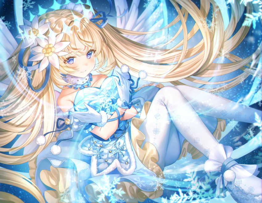 1girl angel angel_wings arm_ribbon bangs blonde_hair blue_eyes blush collar crystal detached_collar dress feathered_wings floating_hair flower frilled_collar frilled_dress frills fur-trimmed_dress fur-trimmed_gloves fur_collar fur_trim gloves hair_flower hair_ornament hair_ribbon halo heart highres holding holding_crystal holding_heart layered_dress long_hair lushuao off-shoulder_dress off_shoulder original pantyhose pom_pom_(clothes) puffy_short_sleeves puffy_sleeves quilted_clothes ribbon short_sleeves smile snowflakes snowing solo twintails very_long_hair wings