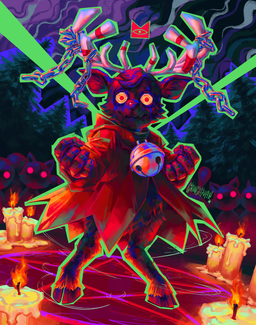 artist_name bell candle chain cult_of_the_lamb english_commentary fire furry gloves glowing glowing_eyes grungesniper highres hooves horns jingle_bell lamb looking_at_viewer pentagram red_eyes ringed_eyes sheep smoke standing summoning the_lamb_(cult_of_the_lamb) tree