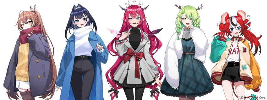 5girls :d absurdres ahoge aneco_(westsea1227) animal_ears antlers asymmetrical_wings bangs belt berry black_hair black_pants black_pantyhose black_shorts black_skirt blue_coat blue_eyes blue_hair blue_nails bow bow_earrings braid brown_eyes brown_hair buttons casual ceres_fauna cheese coat collar crystal_wings double-breasted dress earrings fangs feather_hair_ornament feathers flower food fur_coat green_dress green_hair green_nails grey_coat hair_flower hair_intakes hair_ornament hairclip hakos_baelz halo happy_valentine headband heterochromia highres hololive hololive_english horns irys_(hololive) jacket jewelry letterman_jacket long_hair looking_at_viewer mole mole_under_eye mouse_ears mouse_tail multicolored_hair multiple_girls nail_polish nanashi_mumei official_alternate_costume official_art ouro_kronii pants pantyhose peacoat pink_eyes plaid plaid_dress pleated_skirt pointy_ears ponytail purple_hair purple_nails red_ribbon red_scarf redhead ribbon scarf shirt shirt_tucked_in short_hair short_shorts shorts skirt smile socks streaked_hair striped striped_socks sweater t-shirt tail teeth thigh-highs turtleneck twintails upper_teeth_only very_long_hair virtual_youtuber waving white_coat white_hair white_shirt white_skirt white_sweater wings yellow_eyes yellow_sweater