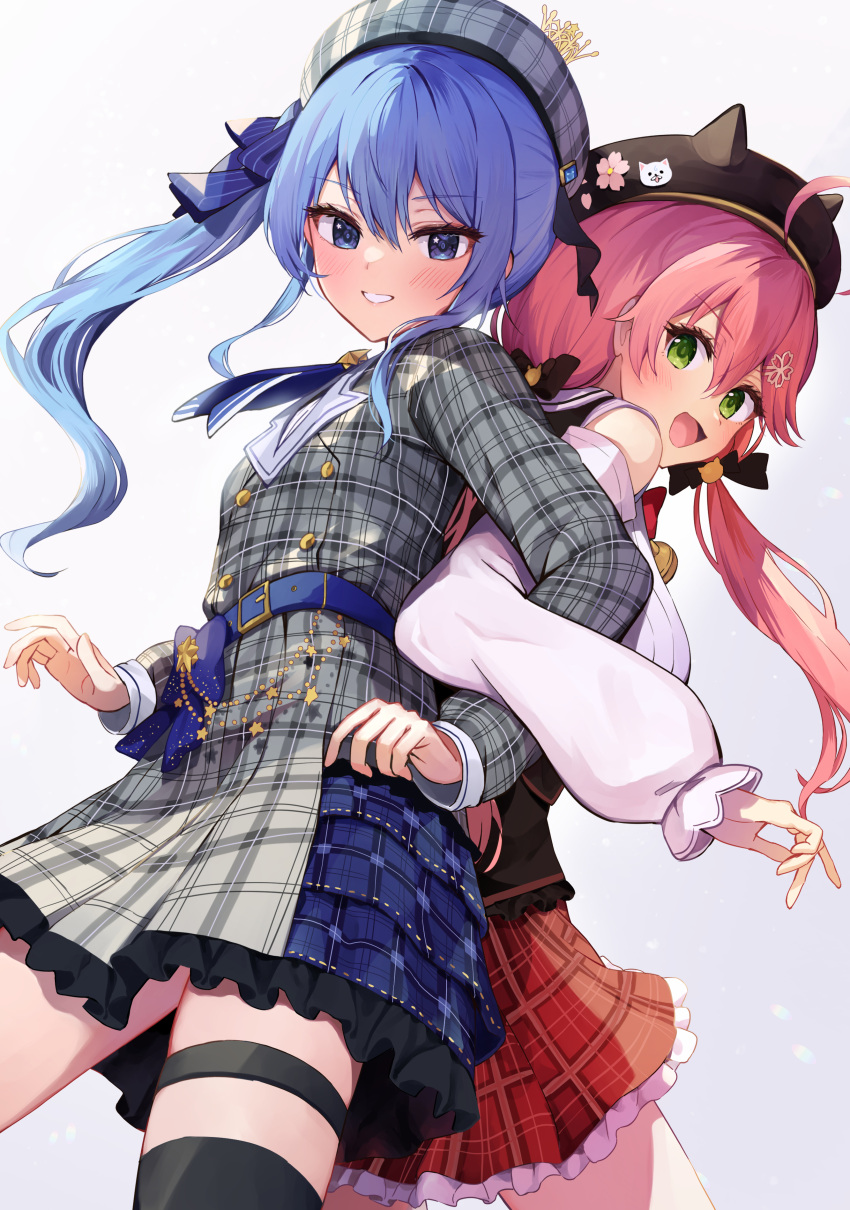 2girls :d absurdres ahoge animal_ears animal_hat back-to-back bangs bare_shoulders bell belt belt_buckle beret black_bow black_headwear blue_belt blue_bow blue_eyes blue_hair blush bow buckle cat_hair_ornament commentary_request crown fake_animal_ears frilled_skirt frills gradient_background green_eyes grey_background grey_headwear grey_jacket grey_skirt hair_between_eyes hair_bow hair_ornament hat highres hololive hoshimachi_suisei jacket jingle_bell locked_arms long_hair long_sleeves looking_at_viewer looking_back low_twintails mini_crown multiple_girls neck_bell pink_hair plaid plaid_headwear plaid_jacket plaid_skirt pleated_skirt puffy_long_sleeves puffy_sleeves racchi. red_skirt sakura_miko shirt side_ponytail skirt sleeves_past_wrists smile striped striped_bow twintails very_long_hair virtual_youtuber white_background white_shirt