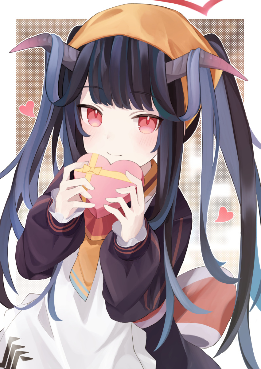 1girl absurdres apron bangs black_hair black_jacket blue_archive blunt_bangs blush box demon_horns fuuka_(blue_archive) hair_ornament halo head_scarf heart heart-shaped_box highres holding horns jacket light_blush long_hair long_sleeves looking_at_viewer red_eyes rotroto sidelocks simple_background smile solo twintails upper_body valentine