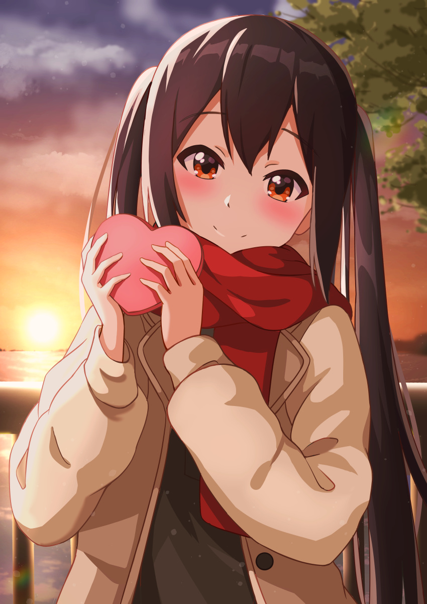 1girl absurdres bangs black_hair blush box box_of_chocolates brown_coat brown_eyes casual chinese_commentary closed_mouth coat commentary_request hair_between_eyes heart-shaped_box highres holding holding_box k-on! long_hair long_sleeves looking_at_viewer nakano_azusa oscar_(a7069721) outdoors red_scarf scarf sidelocks smile solo sun sunset twintails valentine