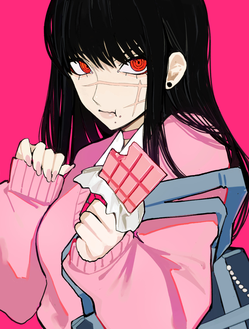 1girl bag bangs black_hair cardigan chainsaw_man choker cross_scar crumbs earrings highres jewelry long_hair looking_at_viewer pink_background pink_cardigan pink_choker pink_theme red_eyes ringed_eyes sailen0 scar scar_on_cheek scar_on_face shoulder_bag simple_background sleeves_past_wrists solo strawberry_chocolate stud_earrings yoru_(chainsaw_man)