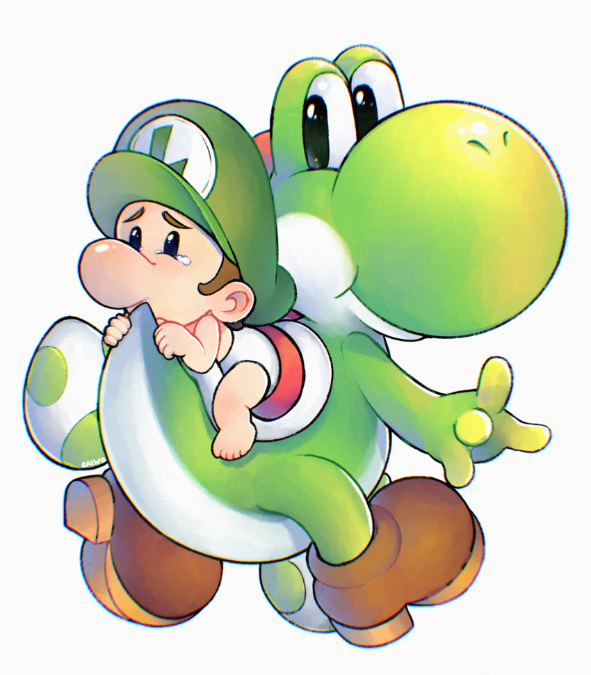 1boy baby_luigi boots brown_footwear brown_hair crying crying_with_eyes_open diaper green_headwear hat highres saiwoproject shell short_hair simple_background super_mario_bros. tears white_background yoshi yoshi_egg