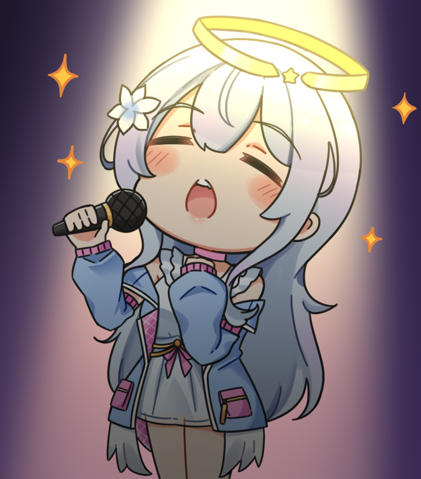 1girl bangs blue_jacket blush_stickers closed_eyes commentary_request copyright_request dress facing_viewer feathered_wings flower glowing grey_hair hair_between_eyes hair_flower hair_ornament halo hands_up highres holding holding_microphone jacket long_hair long_sleeves low_wings microphone off_shoulder open_clothes open_jacket open_mouth puffy_long_sleeves puffy_sleeves rutorifuki sleeveless sleeveless_dress sleeves_past_wrists solo sparkle standing very_long_hair virtual_youtuber white_dress white_flower white_wings wings