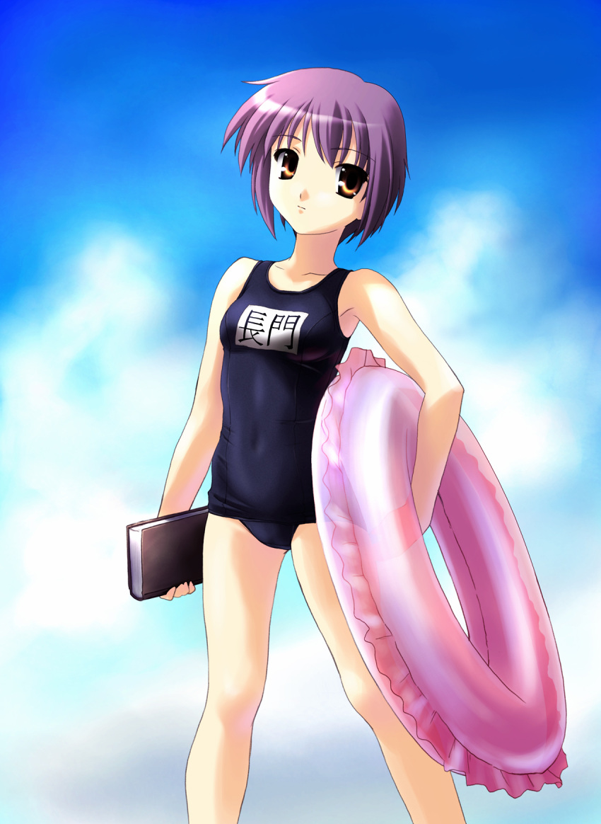 highres innertube nagato_yuki name_tag norizou_type-r one-piece_swimsuit school_swimsuit short_hair suzumiya_haruhi_no_yuuutsu swimsuit swimsuit