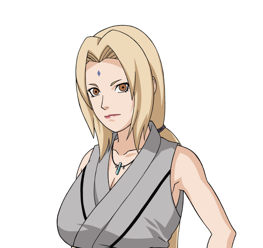 bare_shoulders blonde_hair breasts brown_eyes cleavage female hair_ribbon large_breasts long_hair naruto necklace ribbon simple_background tsunade vector white_background