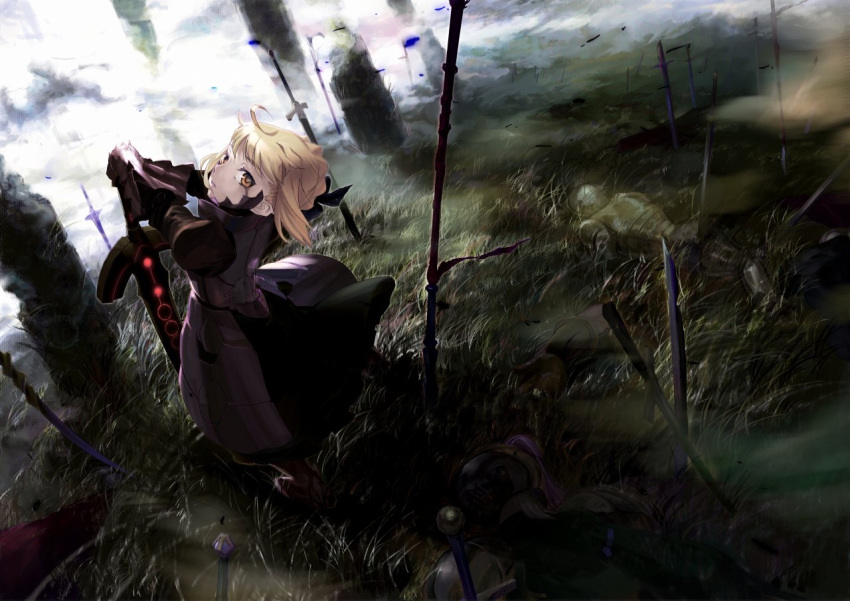 1girl armor armored_dress blonde_hair dark_excalibur fate/stay_night fate_(series) saber saber_alter sword tagme weapon yellow_eyes