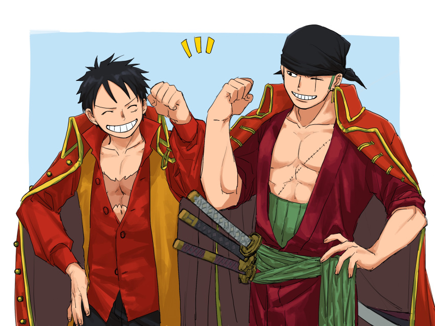 2boys ^_^ alternate_costume bandana black_bandana black_hair blue_background clenched_hands closed_eyes coat coat_on_shoulders earrings fist_bump green_sash grin hands_on_hips haramaki highres jewelry long_sleeves male_focus monkey_d._luffy multiple_boys one_piece roronoa_zoro sash scar scar_across_eye scar_on_chest sheath sheathed simple_background sleeves_rolled_up smile sword urasanmyaku weapon