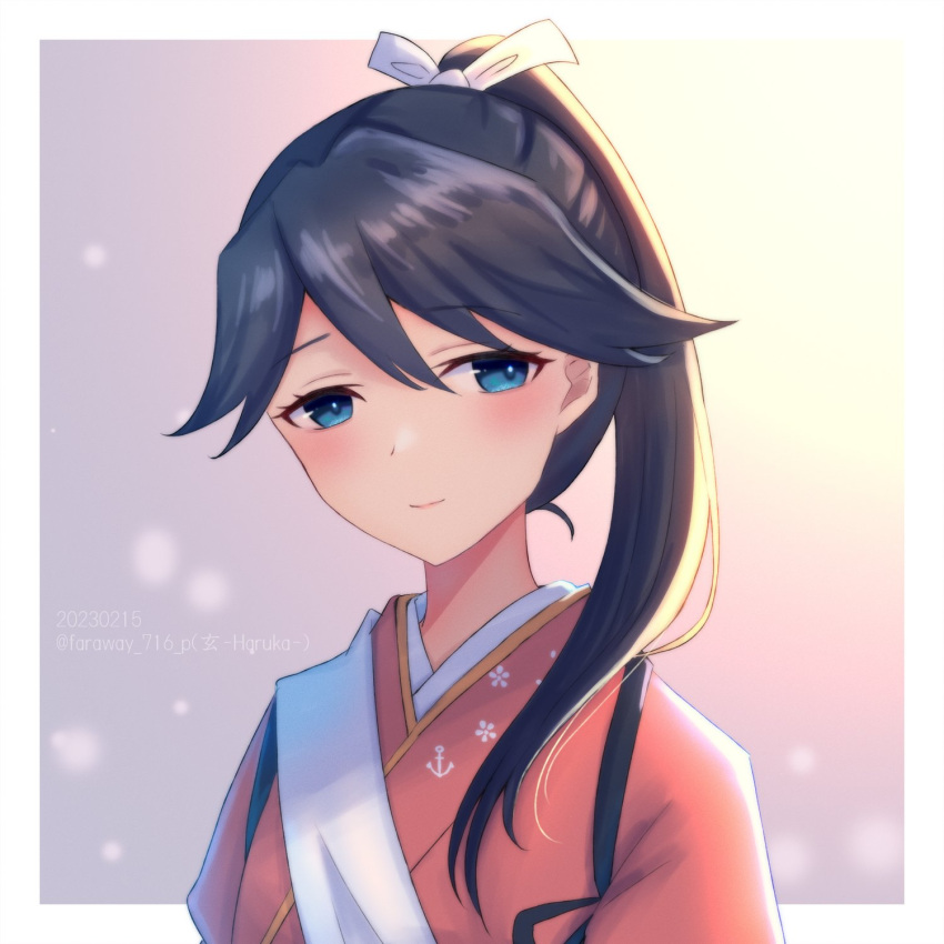 1girl anchor_symbol black_hair blue_eyes haruka_faraway716 highres houshou_(kancolle) japanese_clothes kantai_collection kimono long_hair looking_at_viewer one-hour_drawing_challenge pink_kimono sash smile solo tasuki upper_body