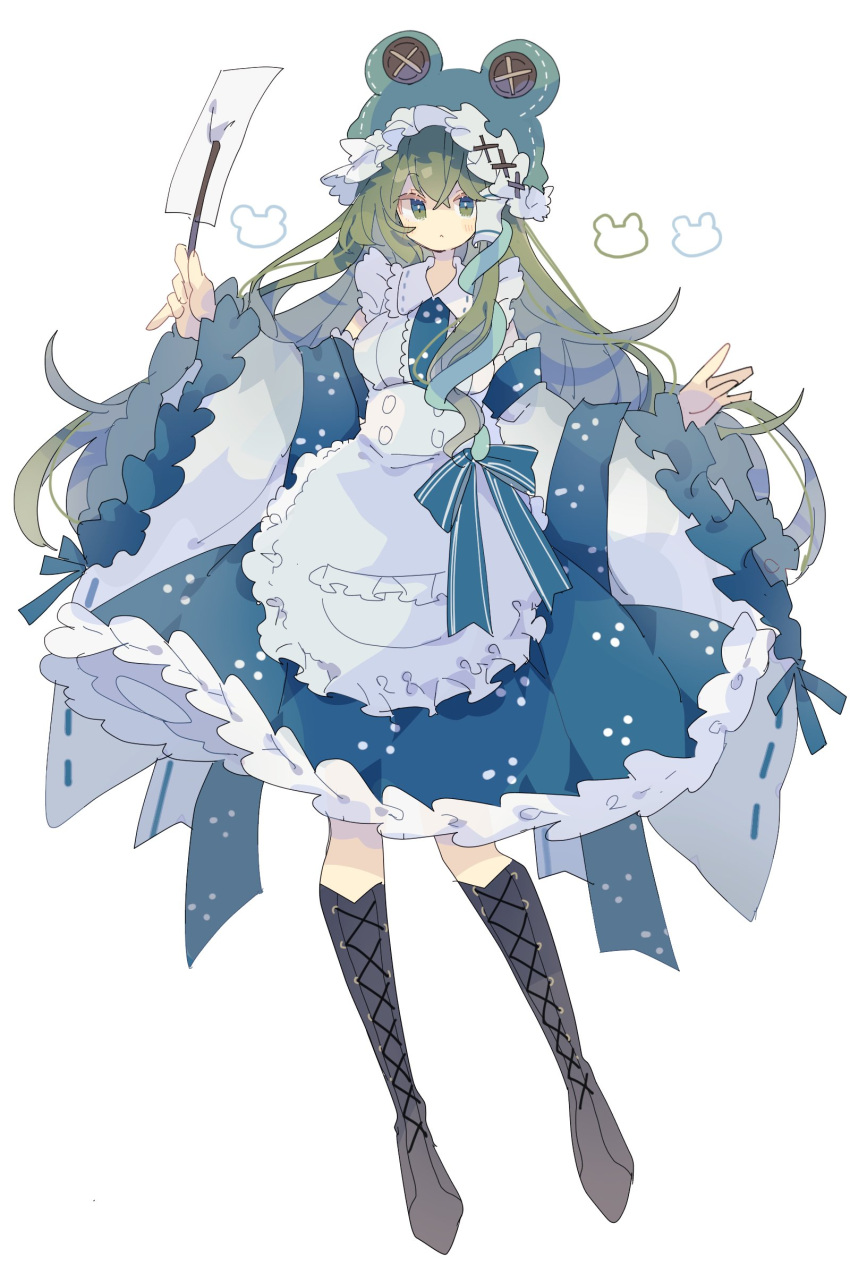 1girl :&lt; absurdres adapted_costume animal_hood apron bangs black_footwear blue_dress boots closed_mouth commentary cross-laced_footwear crossed_bangs dress frog_hood full_body gohei green_eyes green_hair hands_up highres holding holding_gohei hood knee_boots kochiya_sanae long_hair looking_at_viewer maid_apron nikorashi-ka simple_background solo symbol-only_commentary touhou white_apron white_background wide_sleeves