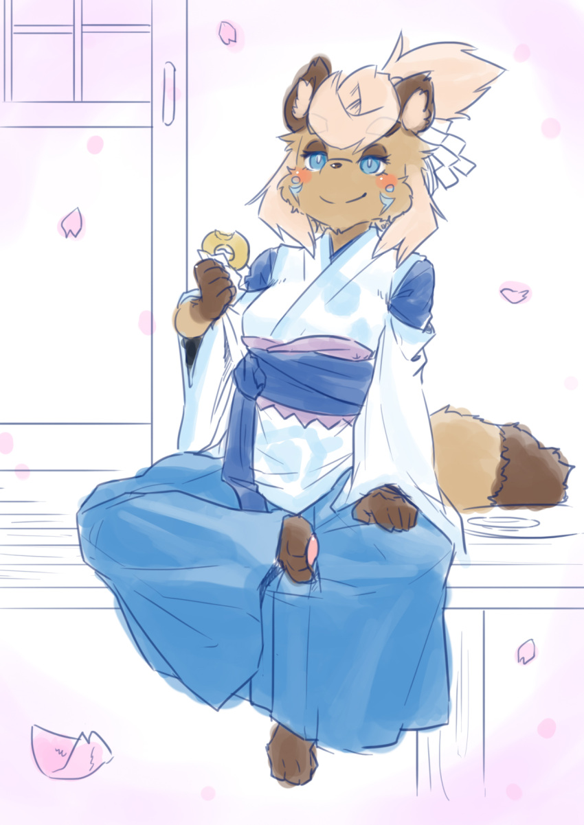 1girl animal_ear_fluff animal_ears animal_feet animal_nose bangs barefoot blonde_hair blue_eyes blue_hakama blue_kimono blush body_fur bright_pupils brown_fur closed_mouth clothing_cutout commentary_request doughnut eating facial_mark feet food food_bite full_body furry furry_female hakama half-closed_eyes hand_up happy highres holding holding_food japanese_clothes kame_(3t) kimono long_sleeves miko obi original pawpads petals plate raccoon_ears raccoon_girl raccoon_tail sash shide short_hair shoulder_cutout sitting sketch smile solo split_mouth swept_bangs tail topknot two-tone_fur white_background white_pupils wide_sleeves