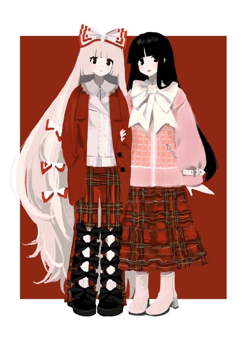 2girls absurdly_long_hair alternate_costume black_bow black_eyes black_hair boots border bow bowtie casual closed_mouth coat commentary_request footwear_bow fujiwara_no_mokou full_body grey_hair hand_grab hands_in_pockets highres houraisan_kaguya jacket long_hair long_sleeves looking_at_viewer multiple_girls pants pink_jacket plaid plaid_pants plaid_skirt red_background red_bow red_coat red_pants red_skirt skirt smile subaru_(user_tmwv7722) touhou two-tone_bow very_long_hair white_border white_bow white_bowtie white_footwear