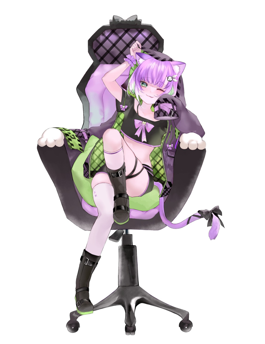 1girl ;p absurdres animal_ears black_footwear black_shirt black_shorts boots cat_ears cat_girl cat_tail chair colored_inner_hair commission crop_top cropped_shirt full_body gaming_chair gradient_hair green_eyes green_hair highres indie_virtual_youtuber jacket jacket_partially_removed long_sleeves looking_at_viewer multicolored_hair nennekorori4 one_eye_closed open_clothes open_jacket purple_hair second-party_source shirt short_hair short_sleeves shorts shwaa sitting skeb_commission sleeves_past_fingers sleeves_past_wrists swivel_chair tail tongue tongue_out virtual_youtuber white_hair