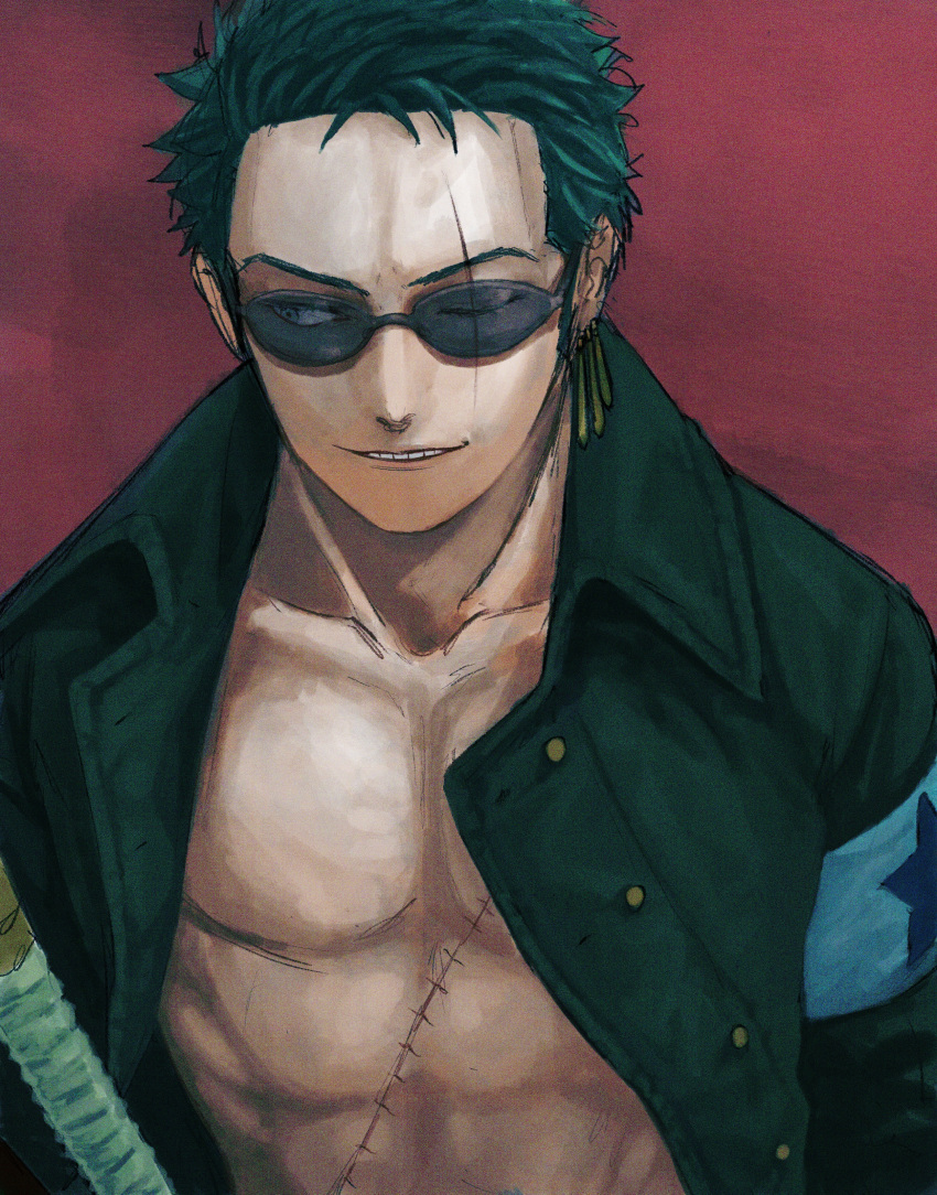 1boy ;) absurdres armband dark_green_hair earrings green_shirt grin highres jewelry male_focus no_bangs one_eye_closed one_piece open_clothes open_shirt red_background roronoa_zoro scar scar_across_eye scar_on_chest shirt short_hair simple_background smile solo sunglasses sword sword_hilt urasanmyaku weapon