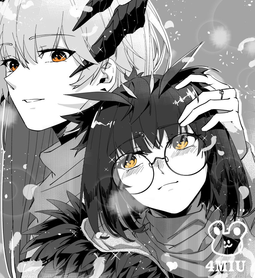 2girls arknights bangs blush commentary_request duodongzhengertong fur-trimmed_jacket fur_trim glasses grey_background hair_between_eyes hand_on_another's_head highres horns jacket jewelry long_hair long_sleeves monochrome multiple_girls orange_eyes parted_lips ring round_eyewear saria_(arknights) scarf signature silence_(arknights) spot_color upper_body